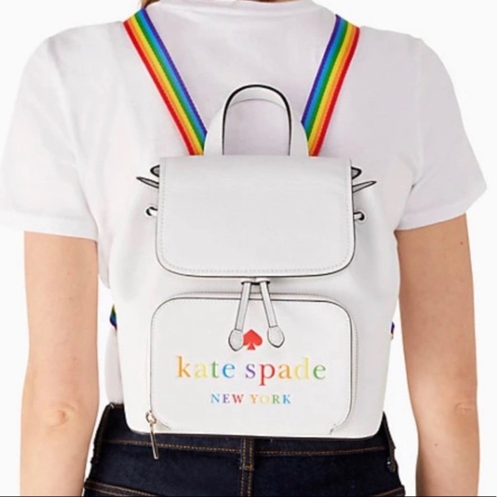 Authentic KATE SPADE Leather Flap drawstring rainbowπmedium backpack - Picture 15 of 15